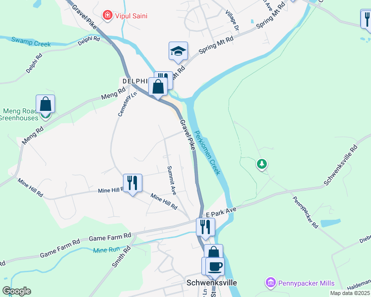 map of restaurants, bars, coffee shops, grocery stores, and more near 814 Mountainview Avenue in Schwenksville
