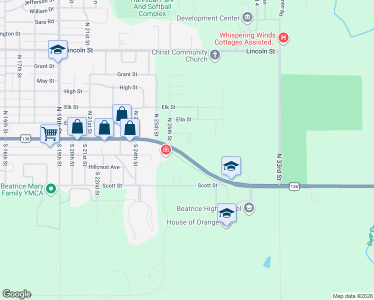 map of restaurants, bars, coffee shops, grocery stores, and more near Court St in Beatrice