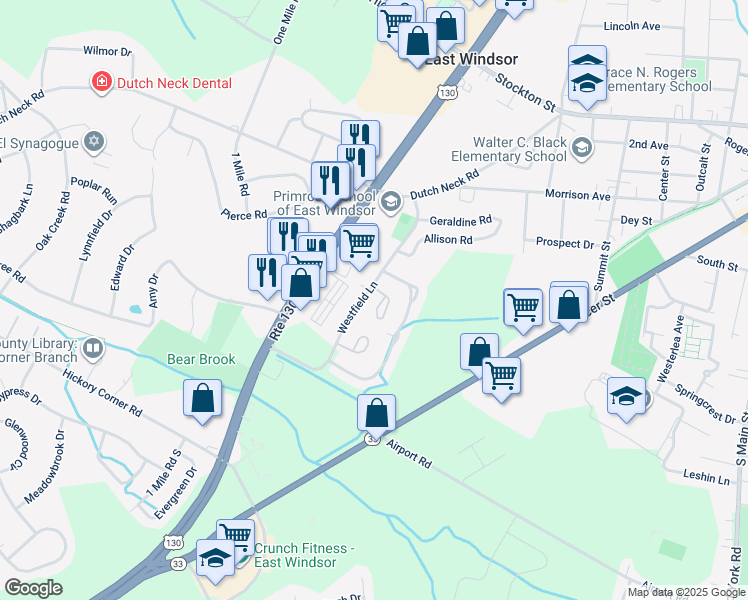 map of restaurants, bars, coffee shops, grocery stores, and more near 77 Teal Court in East Windsor