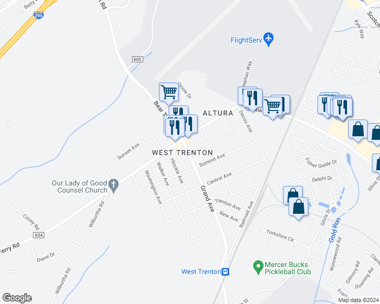 map of restaurants, bars, coffee shops, grocery stores, and more near 552 Grand Avenue in Ewing Township