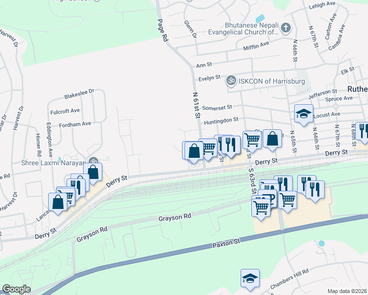 map of restaurants, bars, coffee shops, grocery stores, and more near 5991 Pinedale Court in Harrisburg