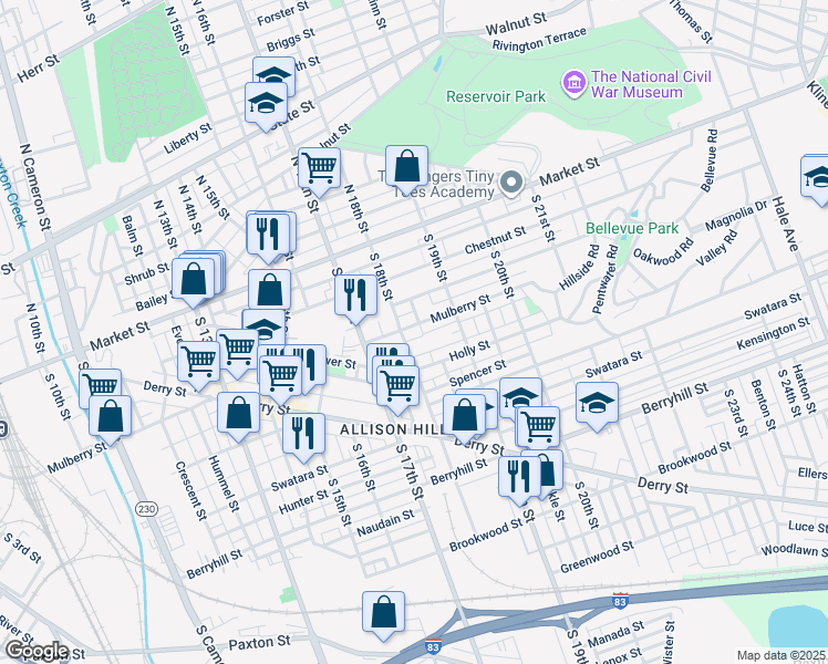 map of restaurants, bars, coffee shops, grocery stores, and more near 221 South 18th Street in Harrisburg
