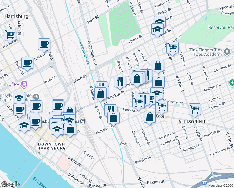 map of restaurants, bars, coffee shops, grocery stores, and more near 1135 Market Street in Harrisburg