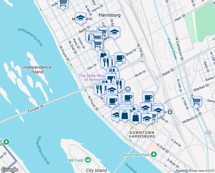 map of restaurants, bars, coffee shops, grocery stores, and more near 231 North Street in Harrisburg