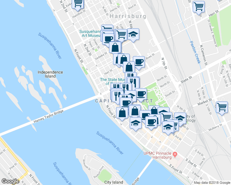 map of restaurants, bars, coffee shops, grocery stores, and more near 717A North 2nd Street in Harrisburg