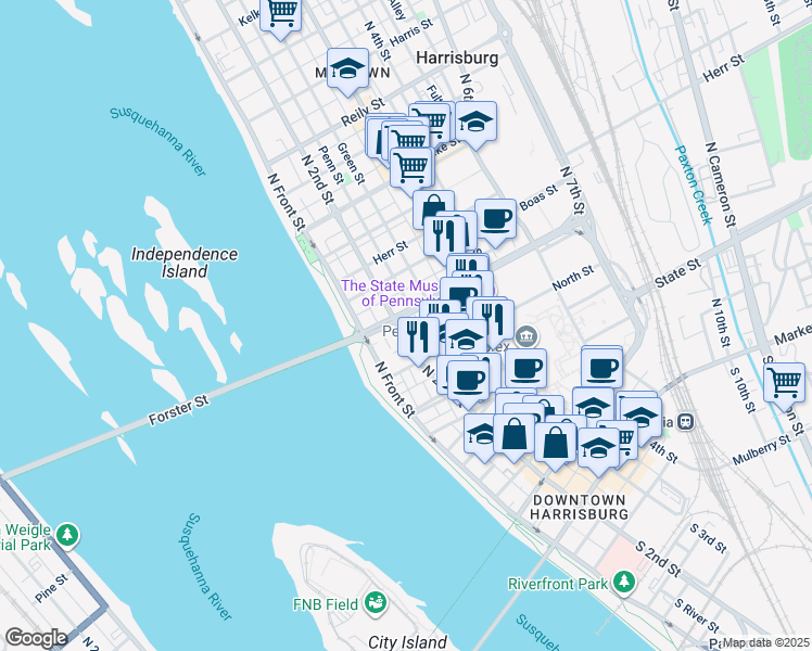 map of restaurants, bars, coffee shops, grocery stores, and more near 809 North 2nd Street in Harrisburg