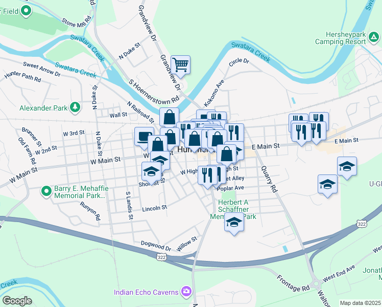 map of restaurants, bars, coffee shops, grocery stores, and more near 33 West Main Street in Hummelstown