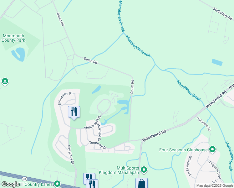 map of restaurants, bars, coffee shops, grocery stores, and more near 150 Shinnecock Drive in Manalapan Township