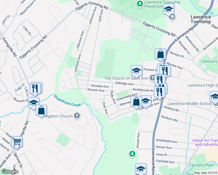 map of restaurants, bars, coffee shops, grocery stores, and more near in Lawrence Township