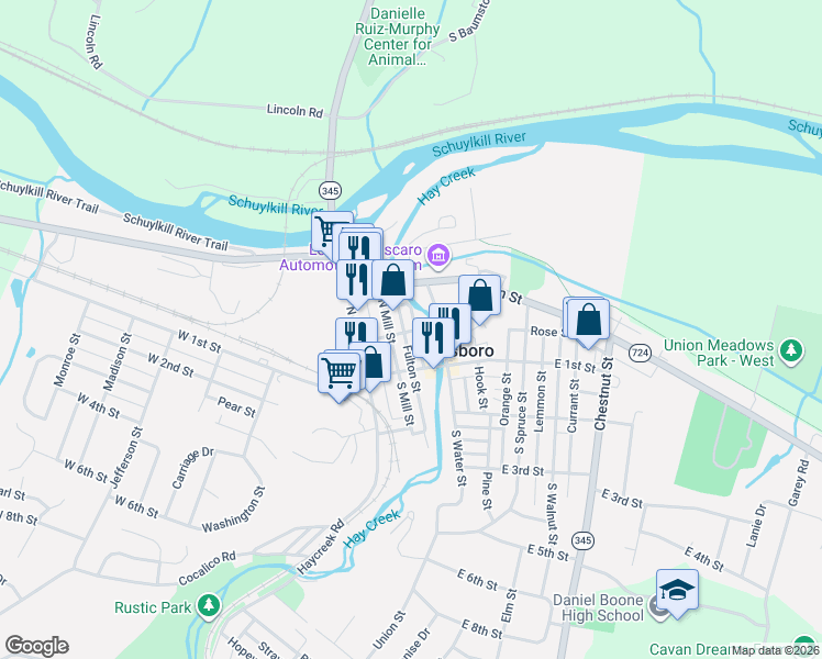 map of restaurants, bars, coffee shops, grocery stores, and more near 118 Cinder Street in Birdsboro