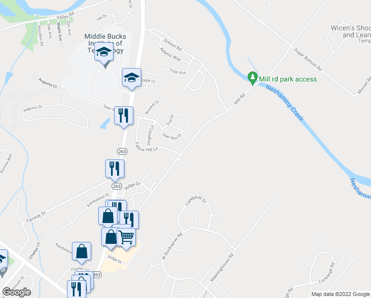 map of restaurants, bars, coffee shops, grocery stores, and more near 2565 Mill Road in Jamison