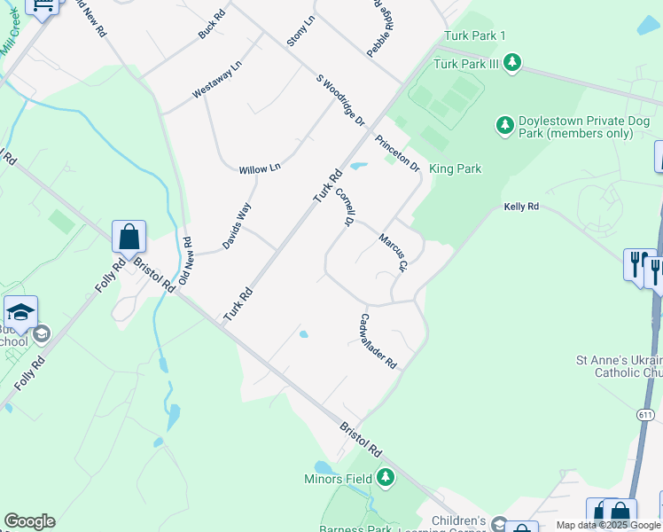 map of restaurants, bars, coffee shops, grocery stores, and more near 523 Cornell Drive in Warrington