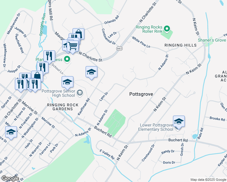 map of restaurants, bars, coffee shops, grocery stores, and more near 1400 Lynn Drive in Pottstown