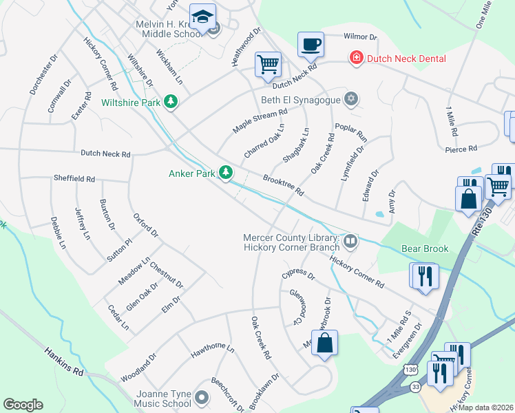 map of restaurants, bars, coffee shops, grocery stores, and more near 172 Hickory Corner Road in East Windsor
