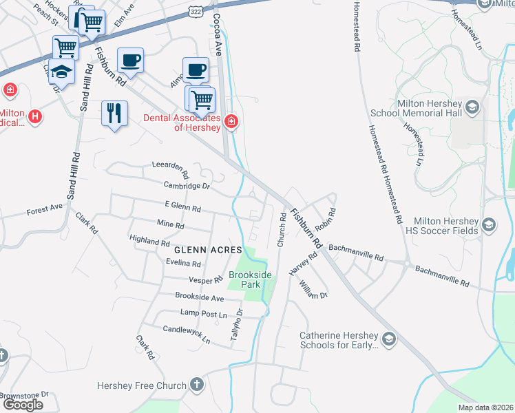 map of restaurants, bars, coffee shops, grocery stores, and more near 371 East Glenn Road in Hershey