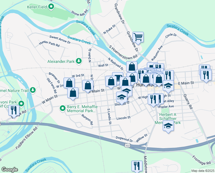 map of restaurants, bars, coffee shops, grocery stores, and more near 288 West Main Street in Hummelstown