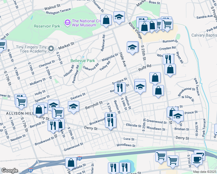 map of restaurants, bars, coffee shops, grocery stores, and more near 2319 Swatara Street in Harrisburg