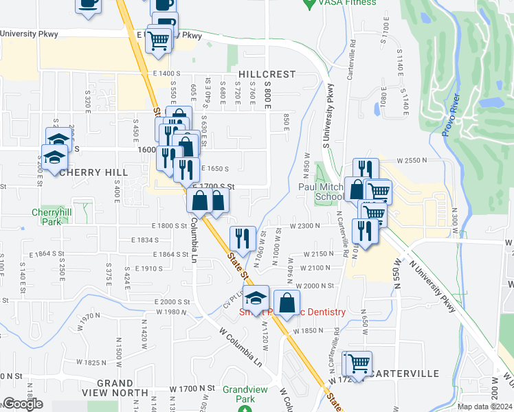 map of restaurants, bars, coffee shops, grocery stores, and more near 768 East 1740 South in Orem