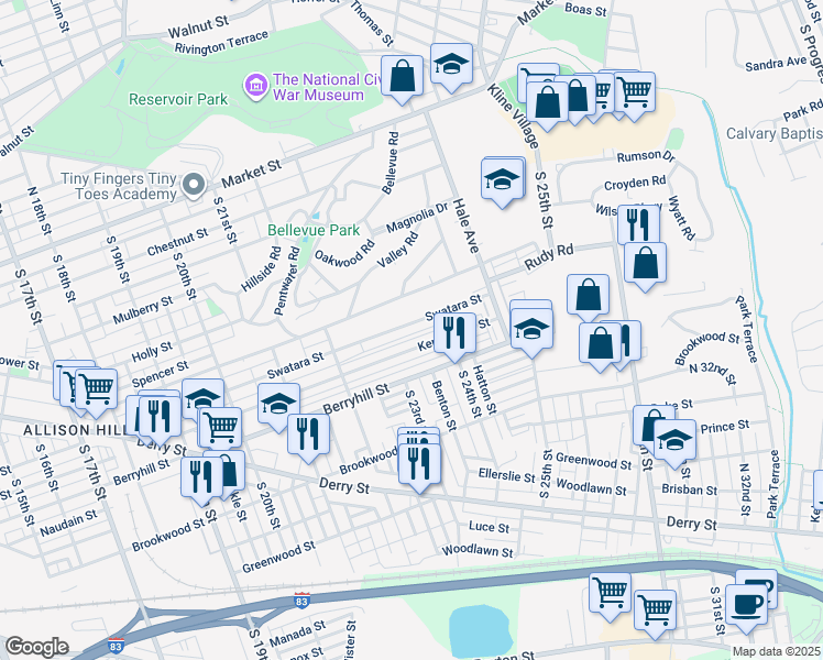 map of restaurants, bars, coffee shops, grocery stores, and more near 2319 Swatara Street in Harrisburg
