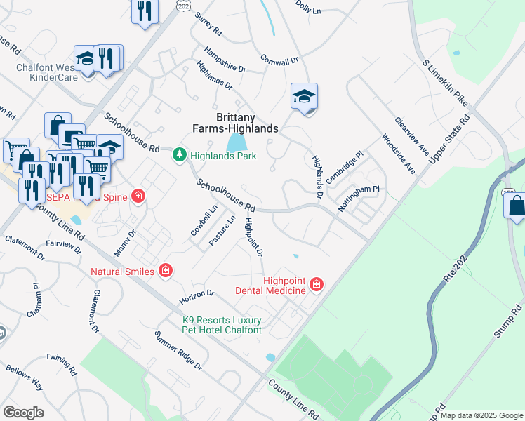 map of restaurants, bars, coffee shops, grocery stores, and more near 77 Galway Circle in Chalfont