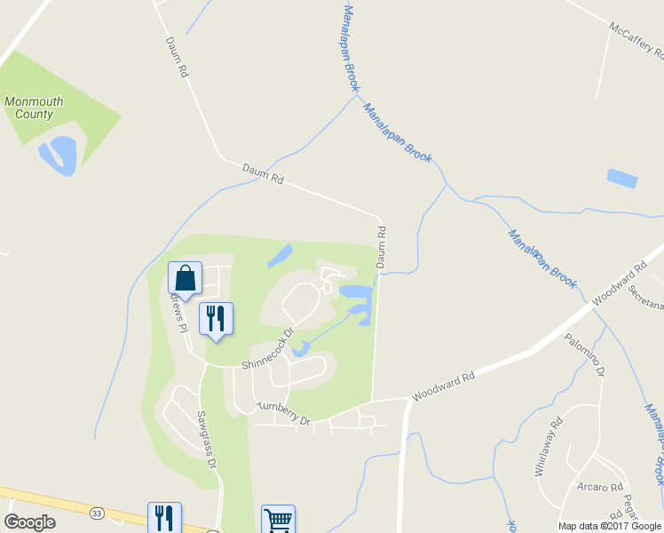 map of restaurants, bars, coffee shops, grocery stores, and more near 150 Shinnecock Drive in Manalapan Township