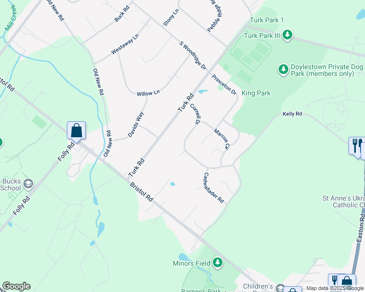 map of restaurants, bars, coffee shops, grocery stores, and more near 539 Cornell Drive in Warrington