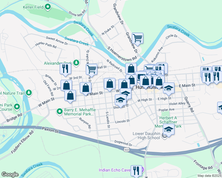 map of restaurants, bars, coffee shops, grocery stores, and more near 281 West Main Street in Hummelstown