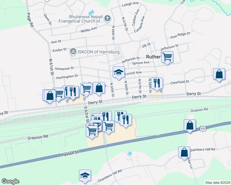 map of restaurants, bars, coffee shops, grocery stores, and more near 6490 Derry Street in Harrisburg
