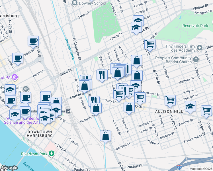map of restaurants, bars, coffee shops, grocery stores, and more near 1101 Market Street in Harrisburg