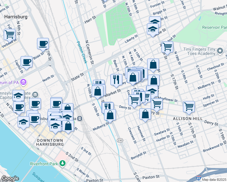 map of restaurants, bars, coffee shops, grocery stores, and more near 1135 Market Street in Harrisburg