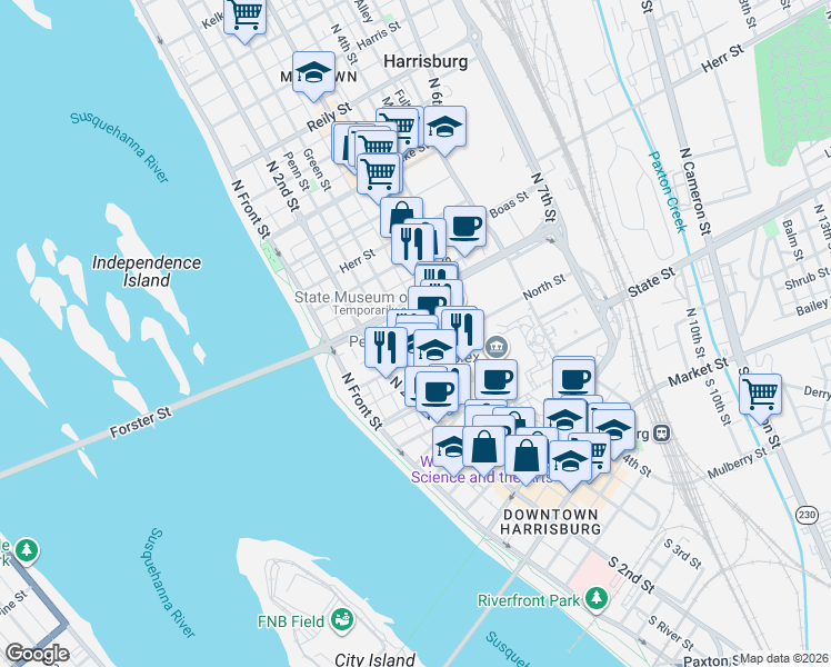 map of restaurants, bars, coffee shops, grocery stores, and more near in Harrisburg