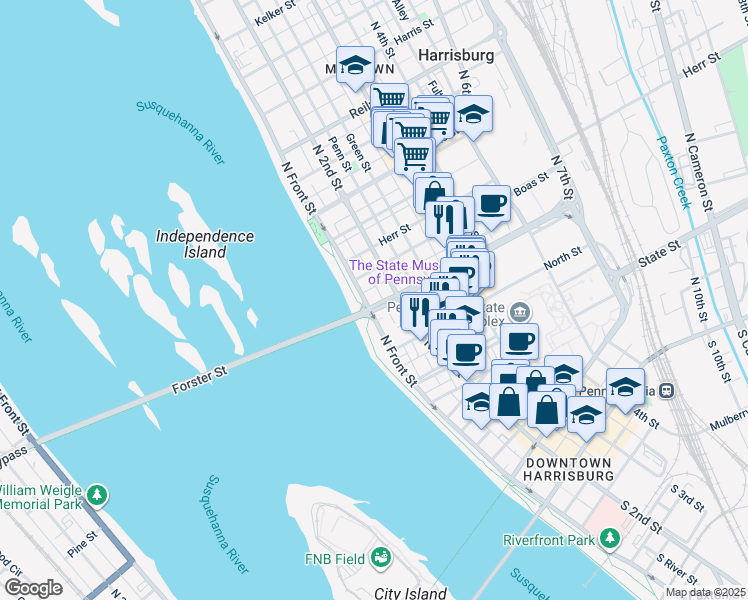 map of restaurants, bars, coffee shops, grocery stores, and more near in Harrisburg