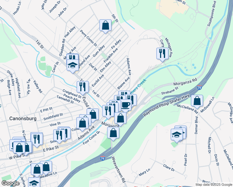 map of restaurants, bars, coffee shops, grocery stores, and more near 416 Blaine Avenue in Canonsburg