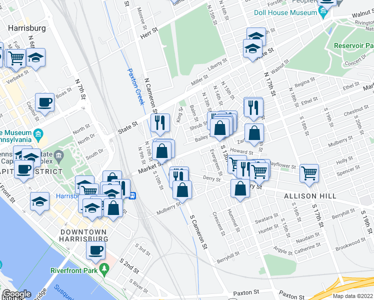 map of restaurants, bars, coffee shops, grocery stores, and more near 1152 Market Street in Harrisburg