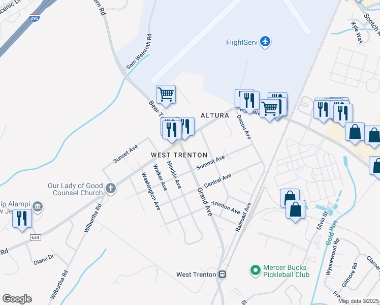 map of restaurants, bars, coffee shops, grocery stores, and more near 564 Grand Avenue in Ewing Township