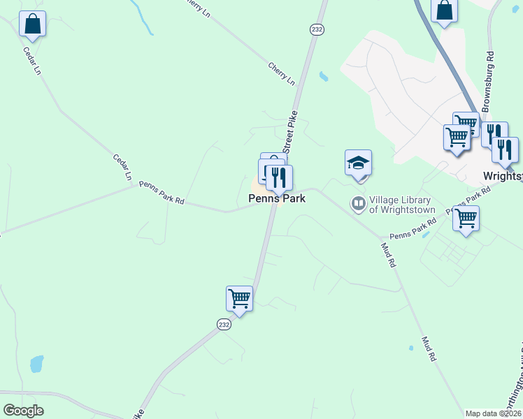 map of restaurants, bars, coffee shops, grocery stores, and more near 2288 Second Street Pike B in Penns Park