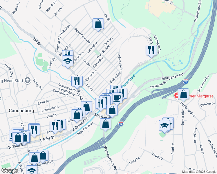 map of restaurants, bars, coffee shops, grocery stores, and more near 416 Blaine Avenue in Canonsburg