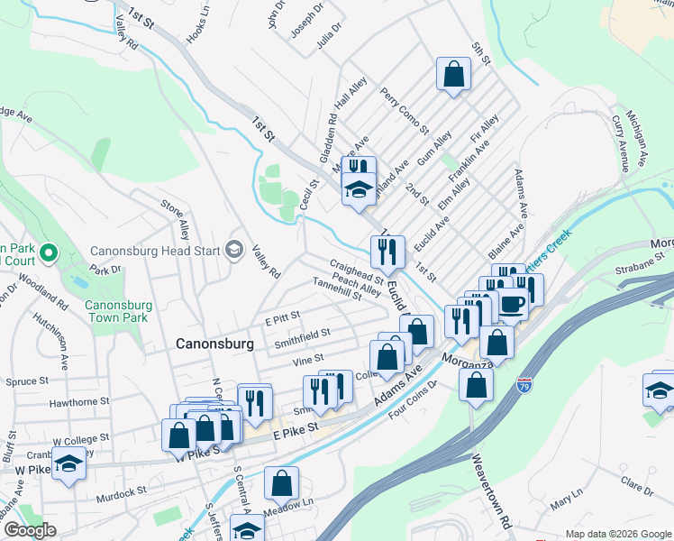 map of restaurants, bars, coffee shops, grocery stores, and more near 530 Tannehill Street in Canonsburg