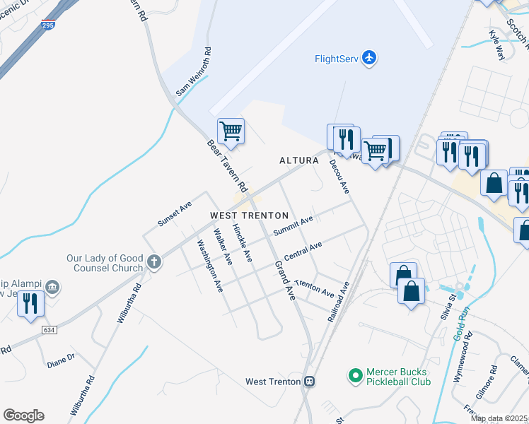 map of restaurants, bars, coffee shops, grocery stores, and more near 564 Grand Avenue in Ewing Township