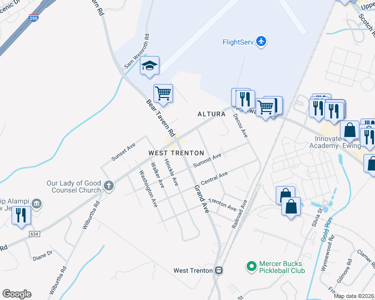 map of restaurants, bars, coffee shops, grocery stores, and more near 552 Grand Avenue in Ewing Township