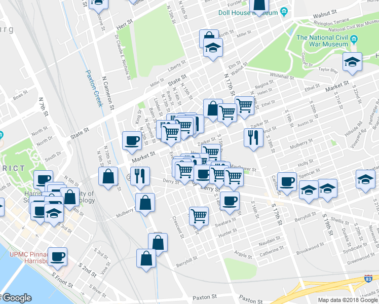 map of restaurants, bars, coffee shops, grocery stores, and more near 1301 Howard Street in Harrisburg