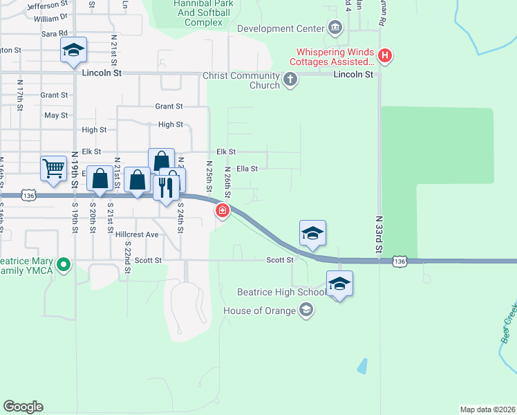 map of restaurants, bars, coffee shops, grocery stores, and more near Eastside Blvd in Beatrice