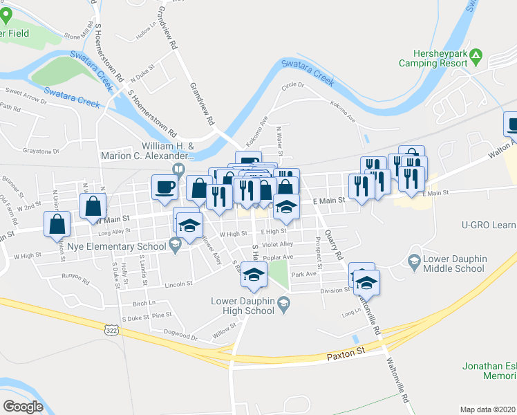 map of restaurants, bars, coffee shops, grocery stores, and more near 28 East North Alley in Hummelstown