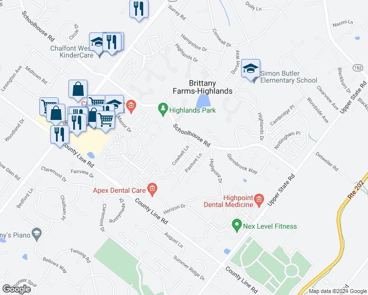 map of restaurants, bars, coffee shops, grocery stores, and more near 87 Cowbell Lane in Chalfont