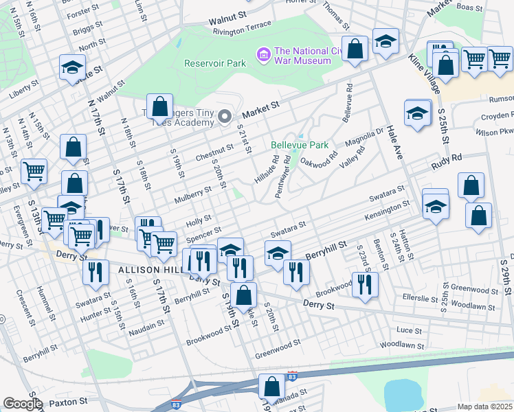 map of restaurants, bars, coffee shops, grocery stores, and more near 301 Hillside Road in Harrisburg