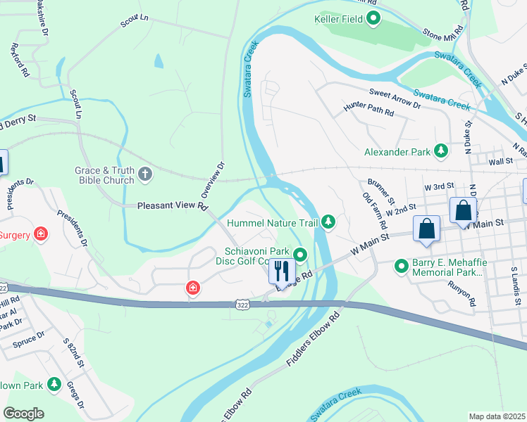map of restaurants, bars, coffee shops, grocery stores, and more near 9127 Joyce Lane in Hummelstown