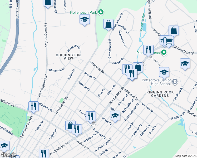 map of restaurants, bars, coffee shops, grocery stores, and more near 237 Master St in Pottstown