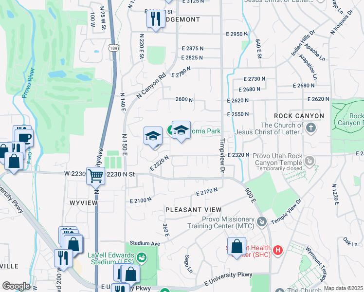 map of restaurants, bars, coffee shops, grocery stores, and more near 435 East 2320 North in Provo