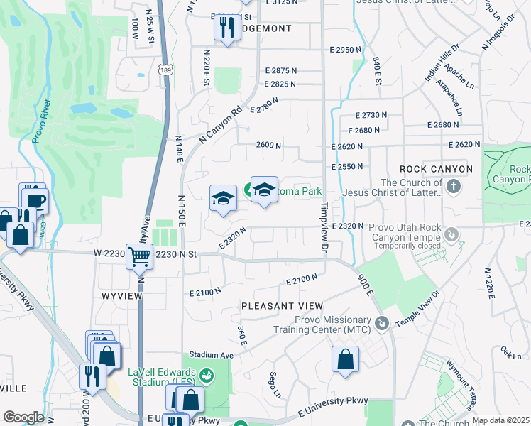 map of restaurants, bars, coffee shops, grocery stores, and more near 435 East 2320 North in Provo