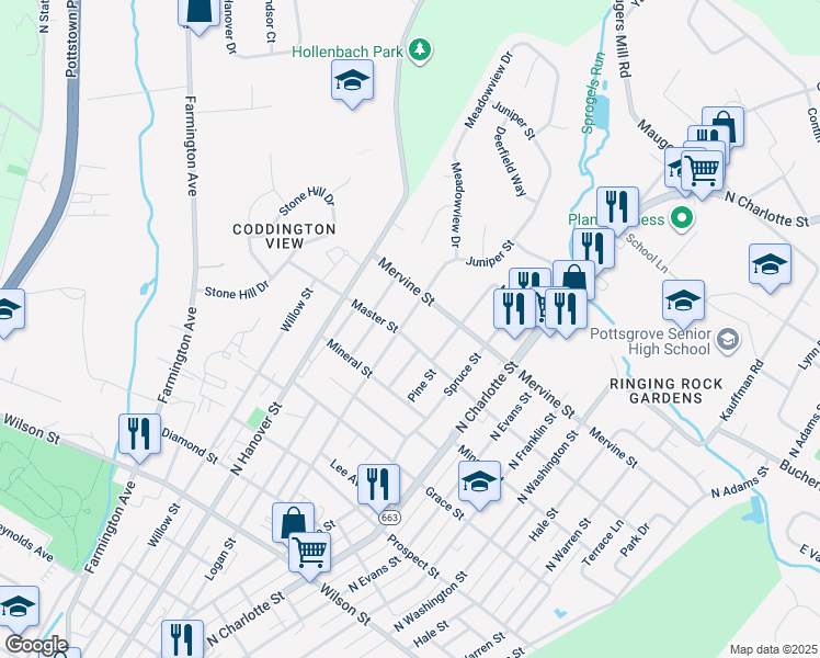 map of restaurants, bars, coffee shops, grocery stores, and more near 237 Master Street in Pottstown